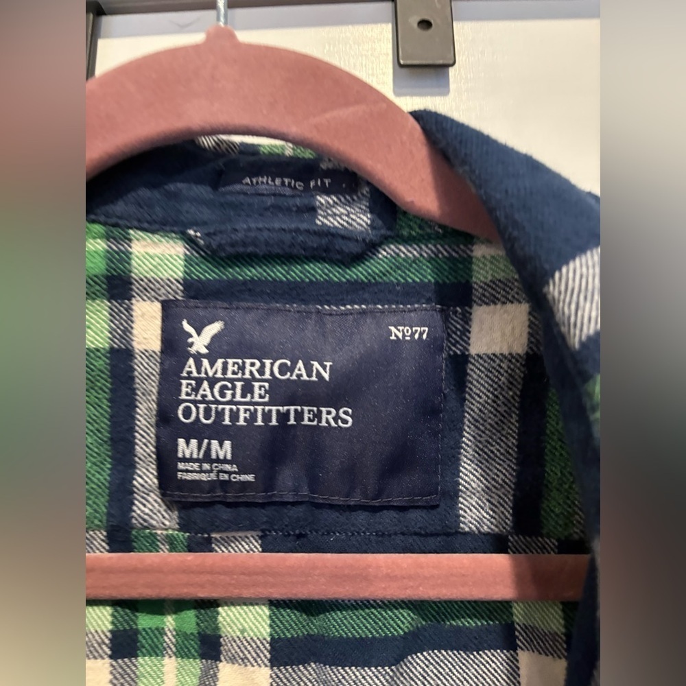 American Eagle Outfitters Green and Blue Plaid Casual Button Down Shirt - Picture 4 of 4